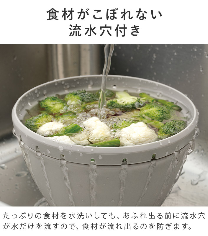 食材がこぼれない流水穴付き